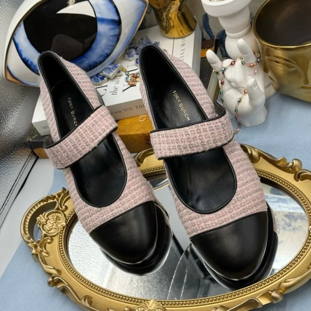 🆕 TORY BURCH 🧿 NWOB Mary Jane Heeled Ballet Flat, Pink Tweed, Sz 7.5 *SAMPLE*